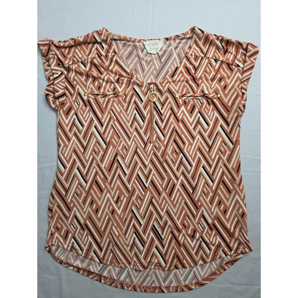 Flower‎ & Feather Blouse Top Women's S Multicolor Geometric Short Sleeve 1/4 Zip